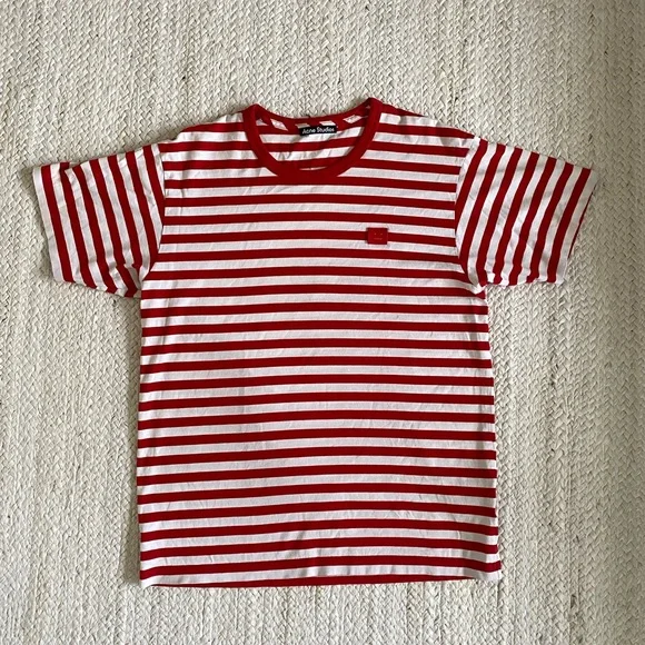 ACNE STUDIOS Red & White Nash Striped Face Tshirt sz M - Picture 5 of 11